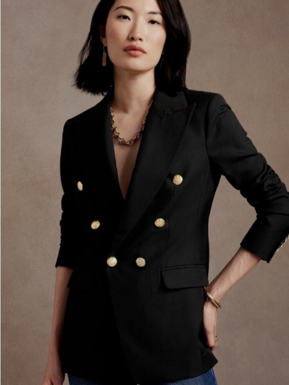 Banana Republic Double-Breasted Black Wool Blazer with Gold Buttons